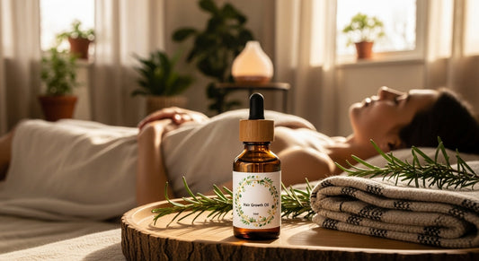 Relaxing castor oil pack ritual with organic oil, cotton wrap, and flannel cloth in a cozy bedroom. Natural detox and hormonal balance by PureAura